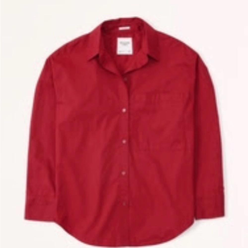 A&F Oversized Poplin Red Button-Up Shirt